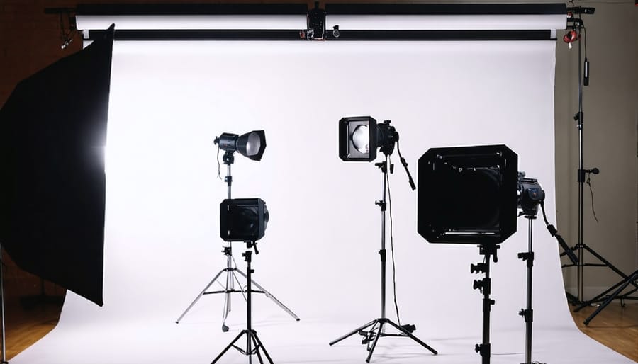 Photographer controlling studio lights remotely via smartphone app while shooting
