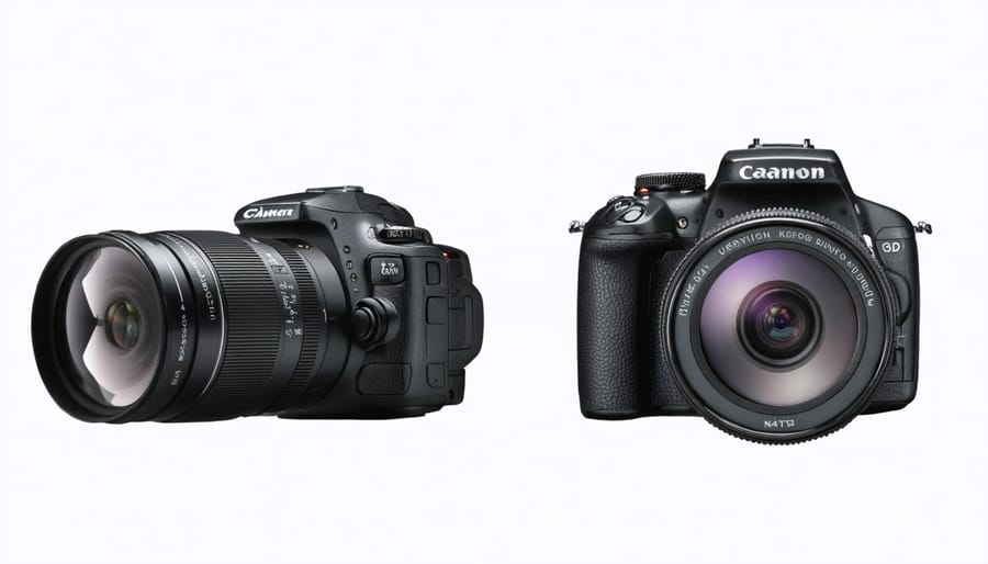 Photographer inspecting vintage camera at second-hand equipment market with multiple pre-owned cameras displayed