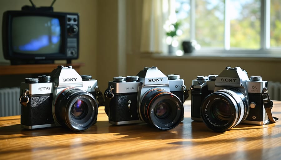 Three 1970s portable video cameras—a Sony Portapak-style unit with shoulder deck, a Panasonic PK-750-style camcorder, and a compact JVC KV-5000-style camera—on a walnut table under soft studio lighting, with coiled cables, a blank CRT TV, and tape reels blurred in the background, no readable logos or text