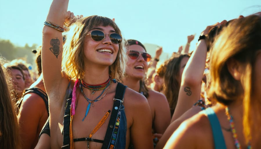 Photographer with vintage camera shooting from photo pit at 1960s music festival