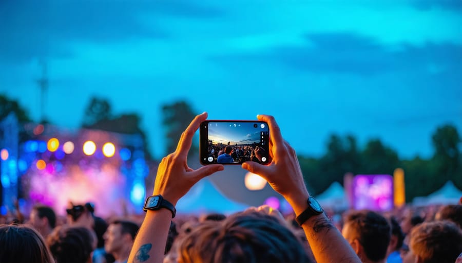 Festival crowd holding up smartphones to photograph and record live performance