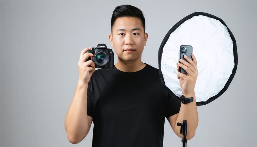 Person using white reflector to bounce light while shooting with smartphone