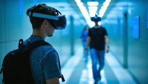 Close-up of a twin‑lens stereoscopic VR camera on a tripod, warmly side-lit, with a blurred person wearing a VR headset in a receding hallway background that emphasizes depth perception.