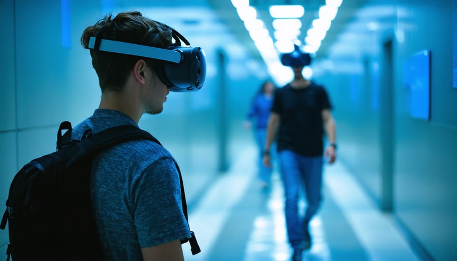 Close-up of a twin‑lens stereoscopic VR camera on a tripod, warmly side-lit, with a blurred person wearing a VR headset in a receding hallway background that emphasizes depth perception.