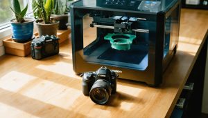 Desktop 3D printer producing a green lens hood next to a camera with 3D‑printed parts on a wooden workbench, with blurred filament spools and potted plants behind.