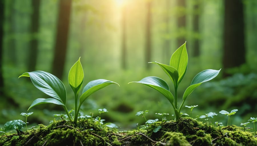 Nature photographer with minimal impact gear working in pristine forest setting during golden hour