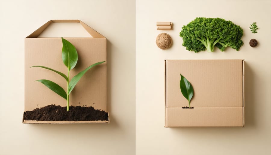 Hands holding eco-friendly biodegradable print packaging with nature photograph in recycled kraft paper