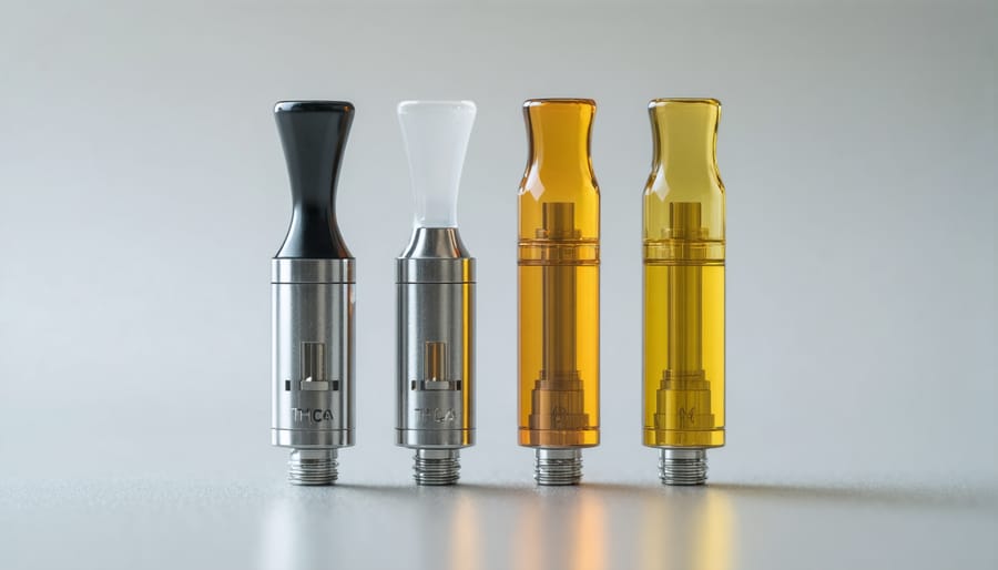 Close-up of THCa vape cartridge showing glass body, golden oil, and metallic components