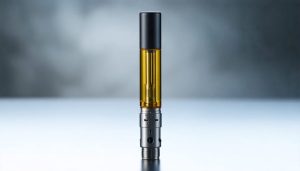 Close-up studio image of a THCa vape cartridge standing on glossy black acrylic, soft diffused 45-degree lighting, sharp metal and glass details, warm amber oil visible, subtle gradient background and reflection.