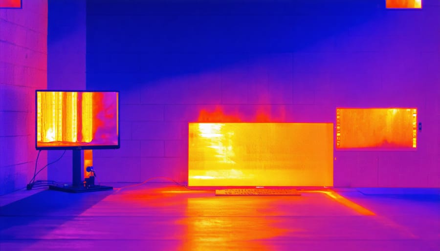 Thermal camera device displaying colorful heat signature image of building wall