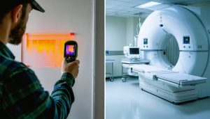 Split-scene photo showing a home inspector using a handheld thermal camera on a wall with subtle heat patterns on the left, and a hospital radiology room with an X-ray gantry and lead shielding on the right; warm home tones contrast with cool clinical blues.