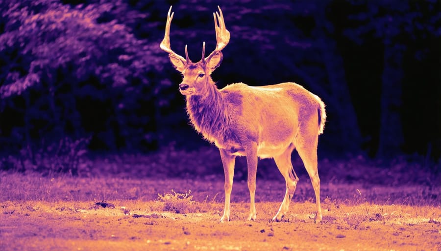 Thermal image of deer in forest showing body heat signature in bright colors against dark background