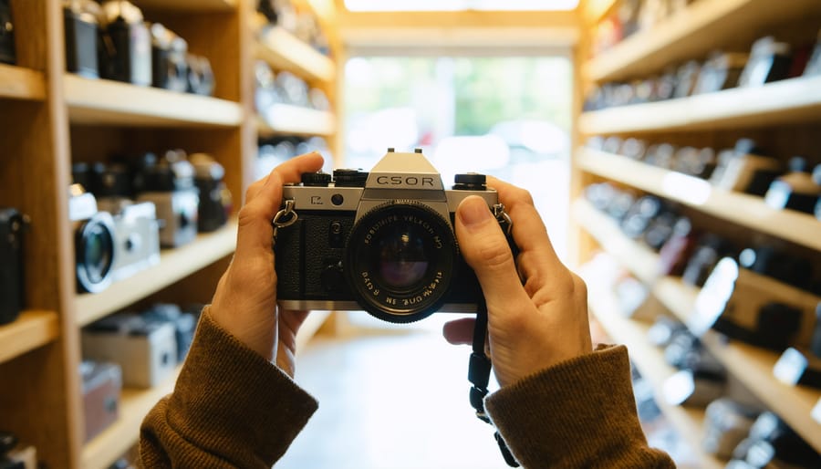 Close-up of hands testing the shutter on a vintage 35mm SLR near a bright window inside a thrift store, with blurred shelves of secondhand cameras in the background.