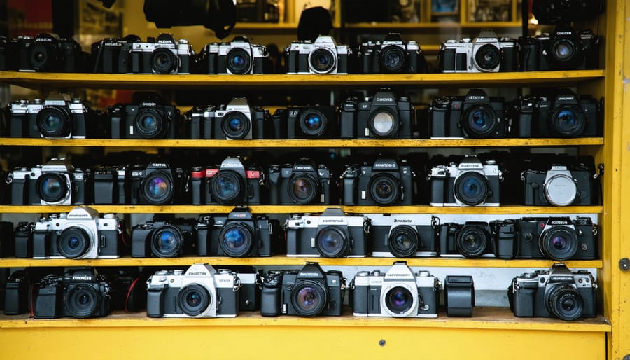 Vintage film cameras including Canon and Pentax models displayed on thrift store shelf