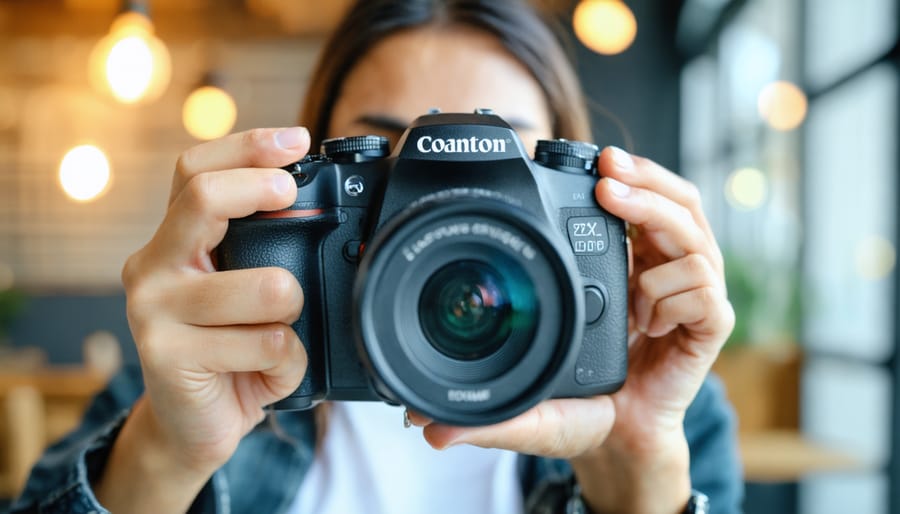 Photographer consulting with equipment specialist using digital tablet in camera store