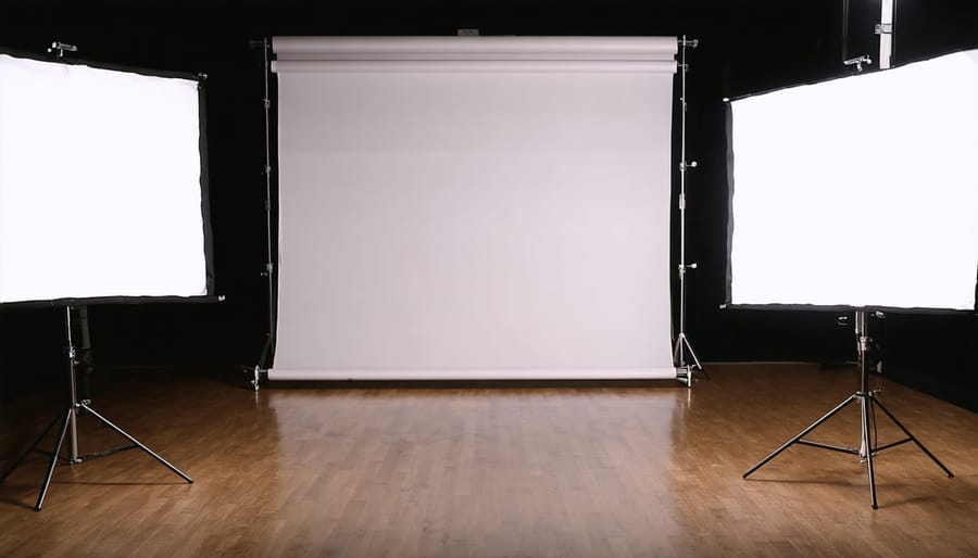 Three-point video lighting setup with LED panels illuminating subject