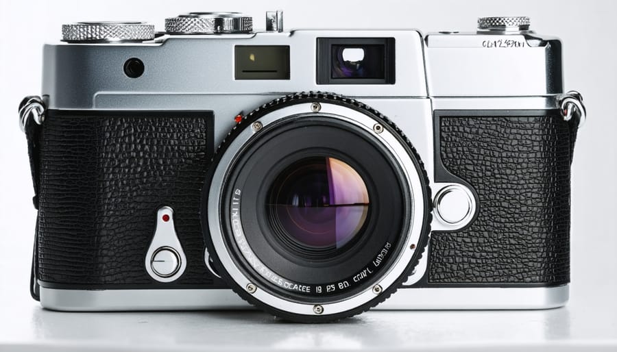 Macro view of vintage camera lens showing high-quality multicoated glass element