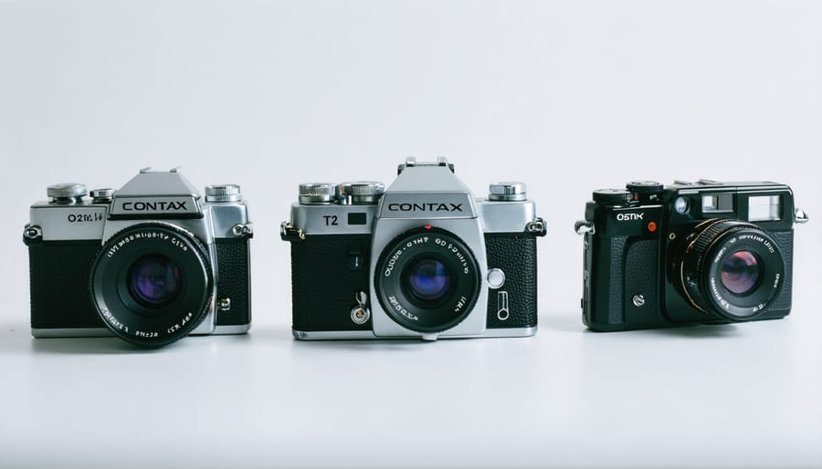Collection of three classic vintage pocket cameras from the 1980s and 1990s displayed on wooden surface
