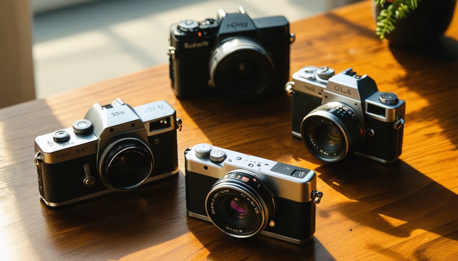 Three compact 35mm film cameras on a walnut desk, photographed at a 45-degree angle in warm side light, with a blurred film canister, film strip, and city window in the background.