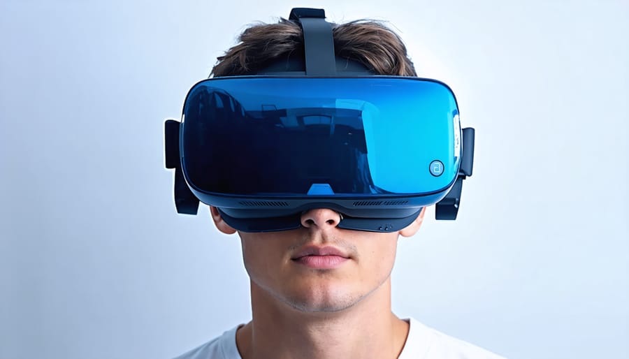 Person wearing VR headset showing dual lens system for stereoscopic viewing