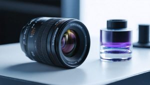 Close-up of a modern camera prime lens with iridescent multi-coating on an optical bench beside an aspherical element, with softly blurred X-ray mirror array and beamline hardware in the background, cool studio lighting, no visible branding.