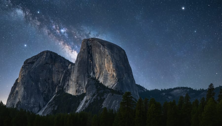 Half Dome silhouetted against the Milky Way galaxy at night in Yosemite