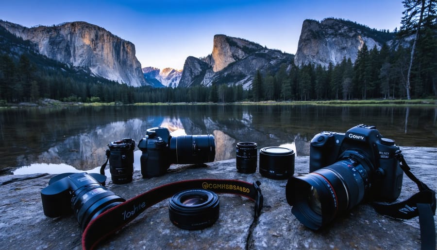 Night photography equipment and wilderness safety gear arranged on granite rock