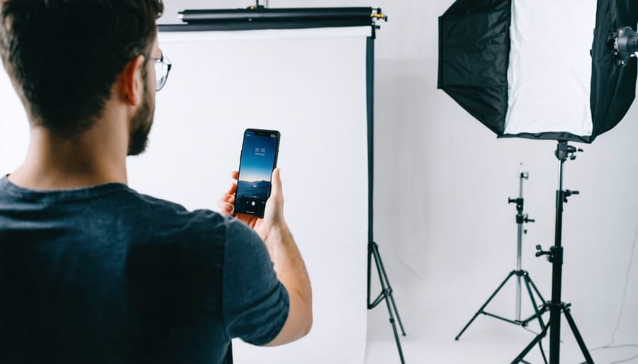Photographer using a smartphone to control multiple smart LED panels and softboxes in a modern studio, with subtle blue and amber accent lighting and a seamless backdrop in the background.