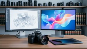 Photographer’s desk with DSLR and pen tablet beside dual monitors; left screen shows a clean 3D wireframe architectural model, right screen shows abstract AI generative visuals; soft daylight, shallow depth of field, blurred shelves with camera lenses and law books in the background.