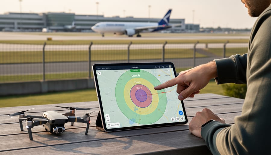 Aerial view of commercial airport showing controlled airspace zones