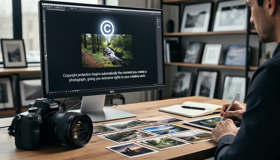 Photographer's hands holding professional camera with copyright symbol visible on strap