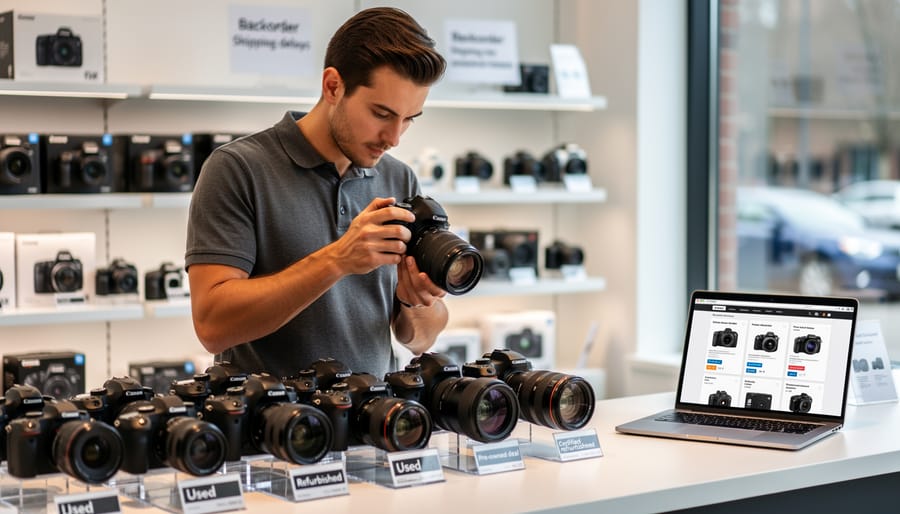 Photographer examining used camera lens at camera equipment store