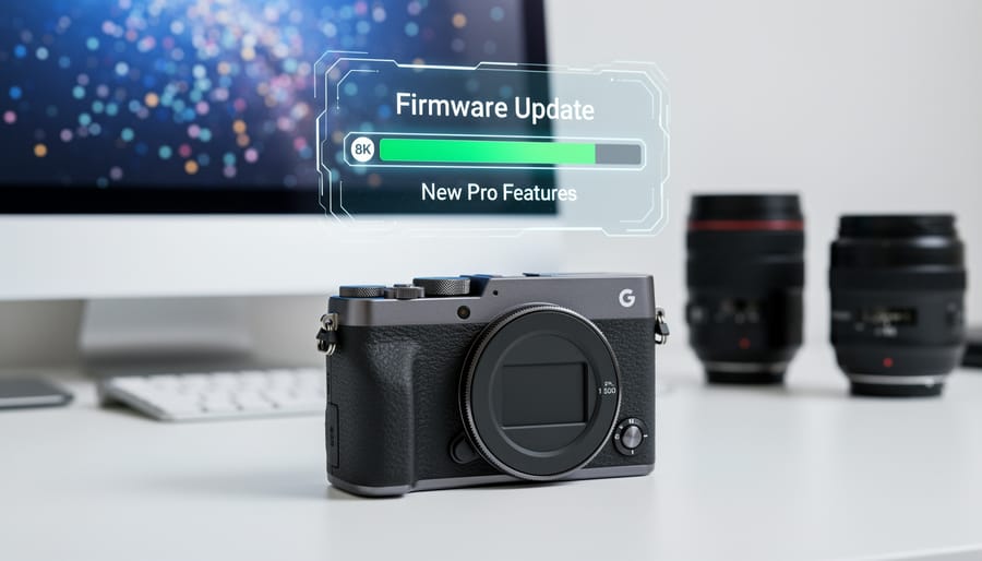 Mirrorless camera displaying firmware update on LCD screen