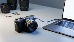 Close-up of a modern mirrorless camera connected to a laptop by a USB-C cable on a desk, with soft side lighting and blurred lenses and memory cards in the background.