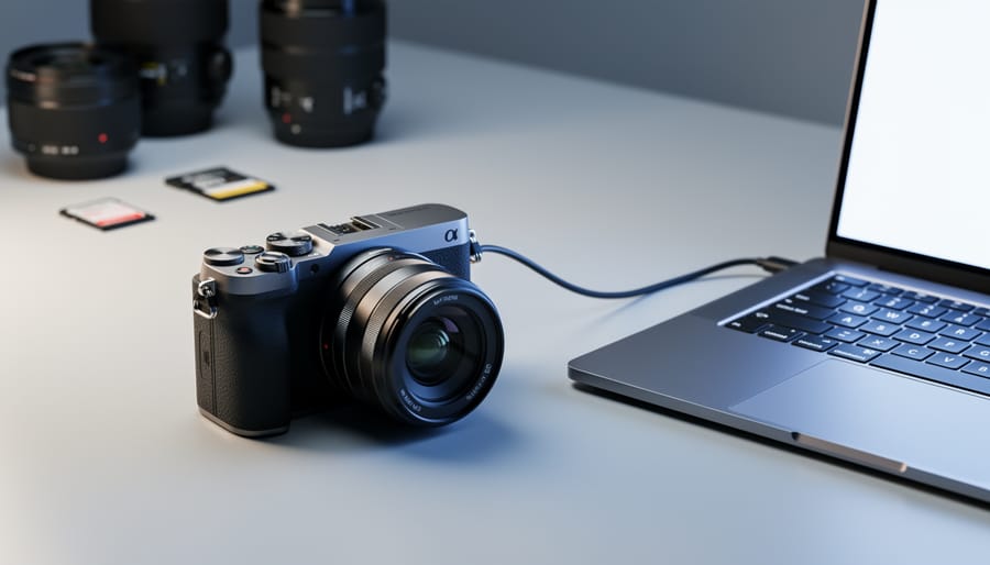 Close-up of a modern mirrorless camera connected to a laptop by a USB-C cable on a desk, with soft side lighting and blurred lenses and memory cards in the background.