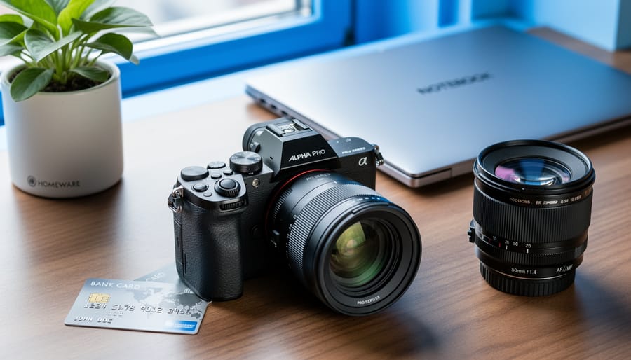 Mirrorless camera with prime lens and extra lens on a wooden desk under soft window light, with a partially obscured credit card and blurred home office background, shot from a 45-degree angle above.