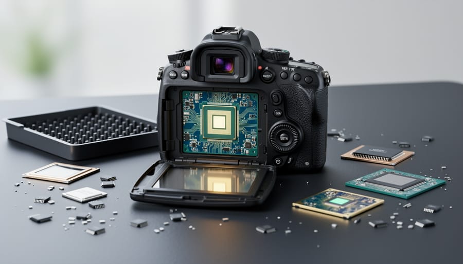 Close-up of semiconductor chips and electronic components on camera circuit board