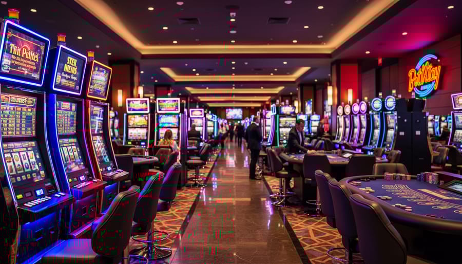 Casino interior showing challenging mixed lighting from LED screens and neon signs