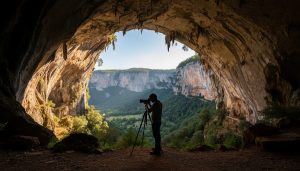 Photographer at a limestone cave entrance adjusting a tripod-mounted camera during golden hour, the dark arch framing sunlit cliffs, green vegetation, and a valley beyond with soft side lighting highlighting rock textures.