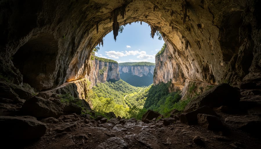 Cave entrance viewed from inside showing dramatic light transition from dark interior to bright daylight