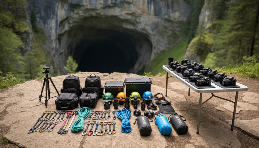 Cave photography equipment organized on tarp including cameras, lenses, lighting gear and protective cases