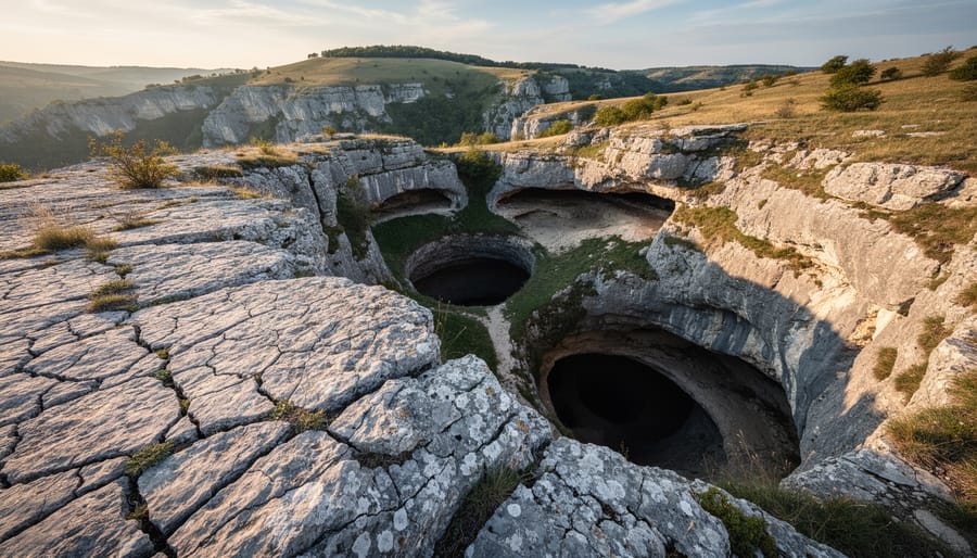 Karst limestone formations and rocky terrain surrounding cave entrance showing geological context