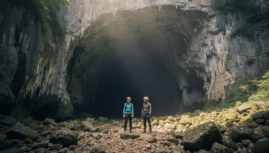 Caver with helmet and headlamp entering cave opening showing scale and human adventure element