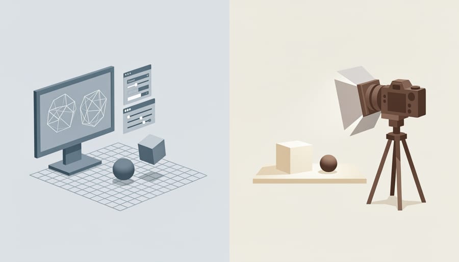 Overhead view showing CGI software workspace alongside traditional photography equipment