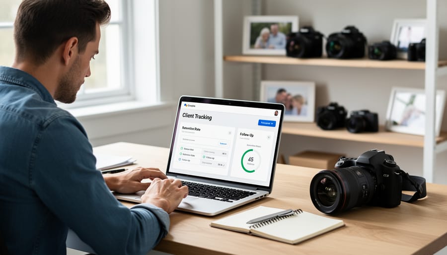 Photographer working at laptop with client management system and camera equipment