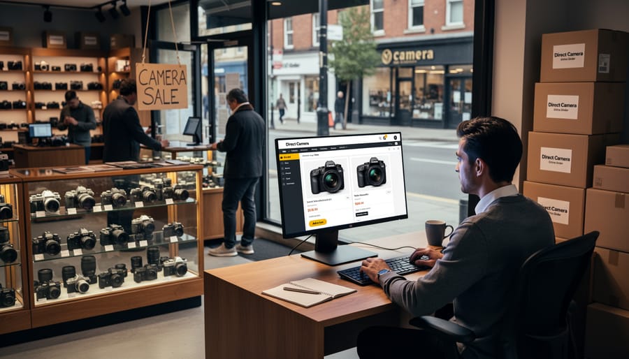 Closed traditional camera store storefront with empty display windows