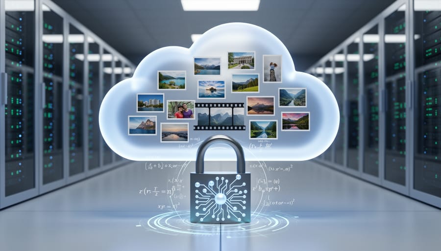 Person working on laptop with cloud storage security interface