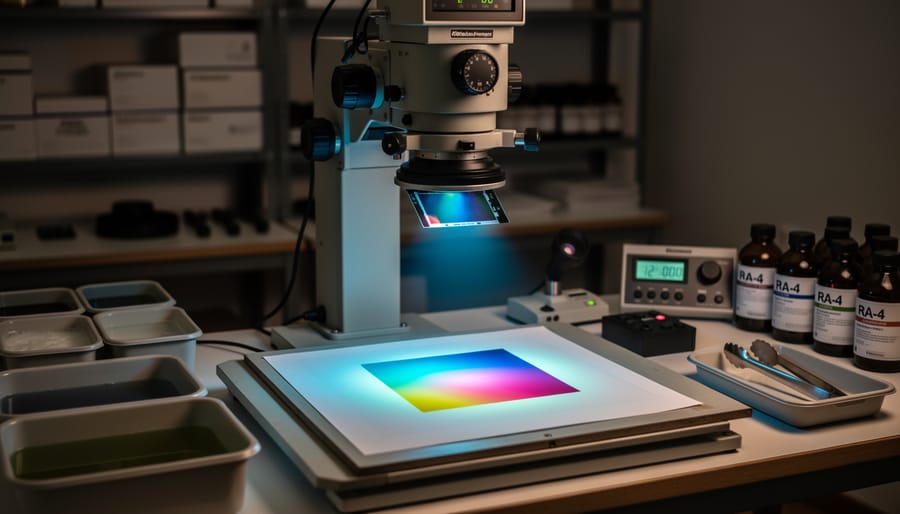 Color enlarger projecting light onto photographic paper in darkroom setting