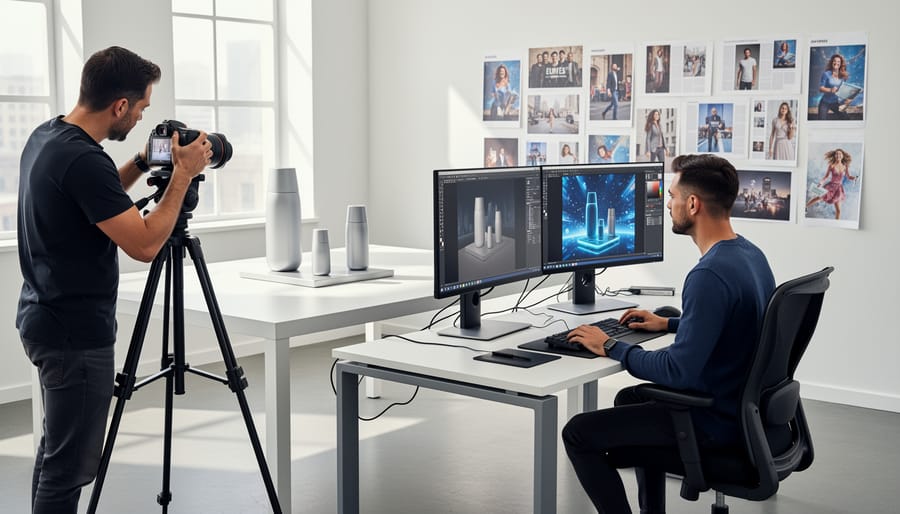 Behind-the-scenes view of professional product photography setup with suspended watch and studio equipment