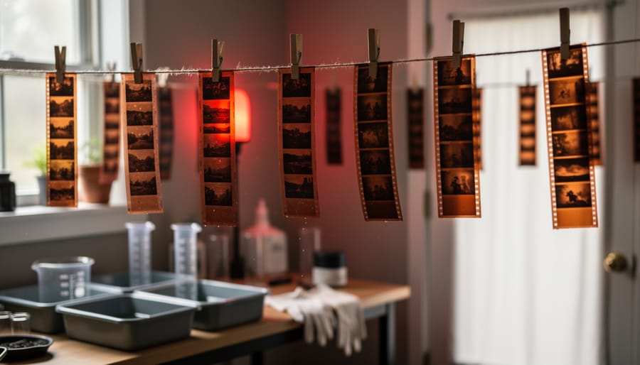 Developed black and white film negatives hanging to dry showing clear image frames